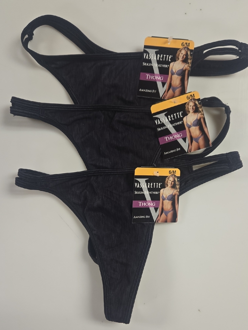 Vintage Vassarette Black Silken Heather Thong Pack of 3